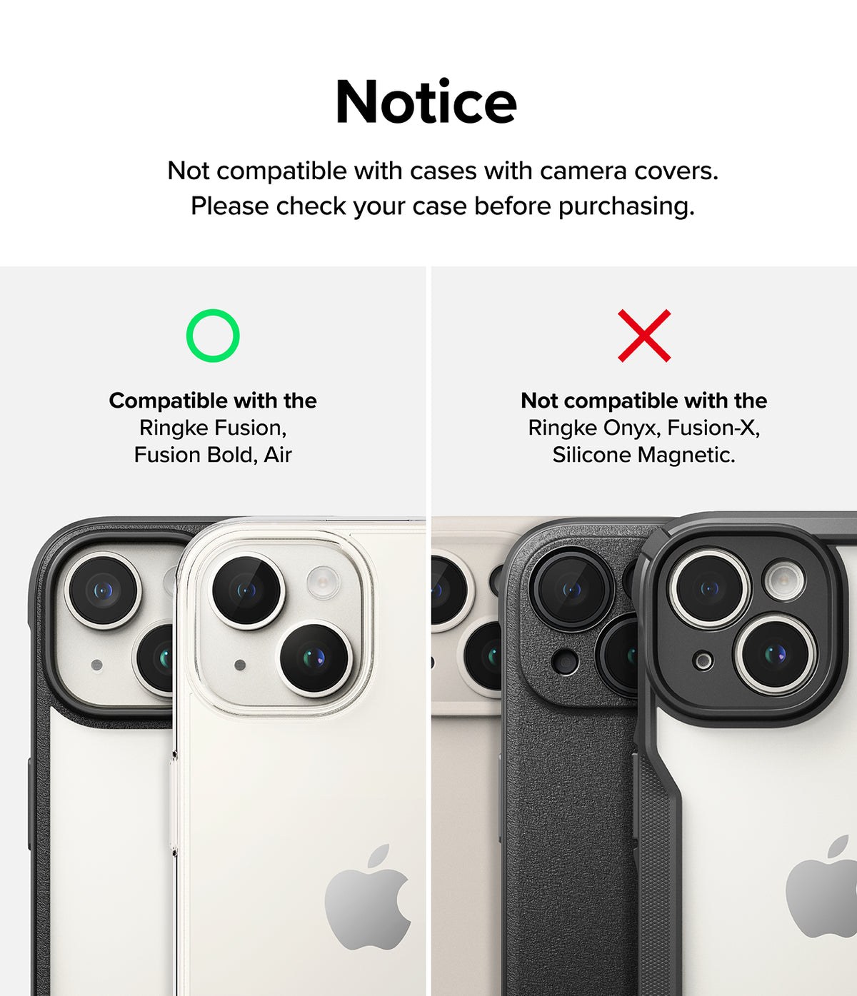iPhone 15 Plus / 15 | Camera Styling - Compatibility guide showing iPhone cases with and without camera covers.