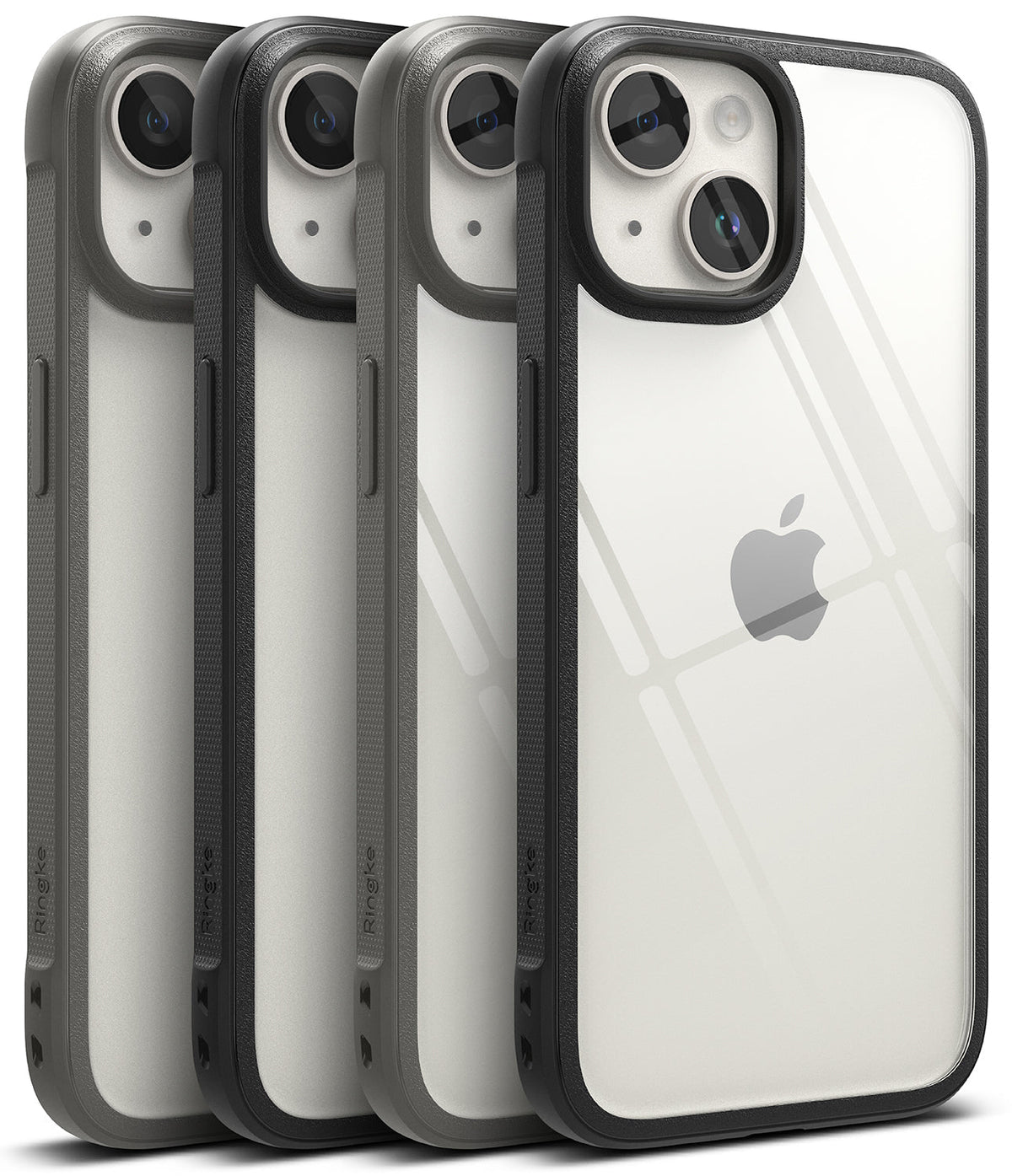 iPhone 15 Plus Case | Fusion Bold - Four iPhone 15 Plus phones in clear cases with black bumpers arranged in a row.