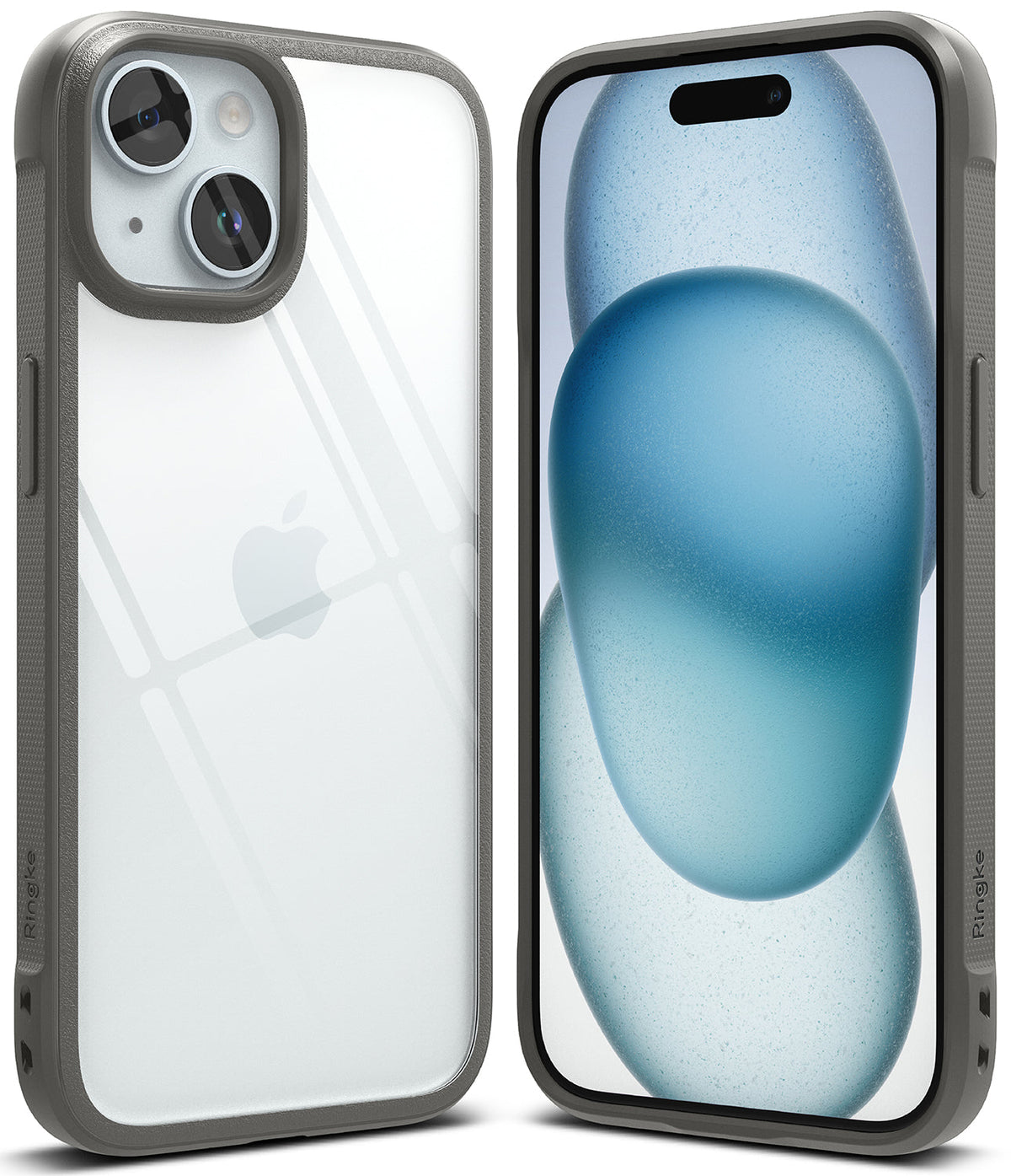 iPhone 15 Case | Fusion Bold - Clear protective case with grey bumper edges shown from back and front views.