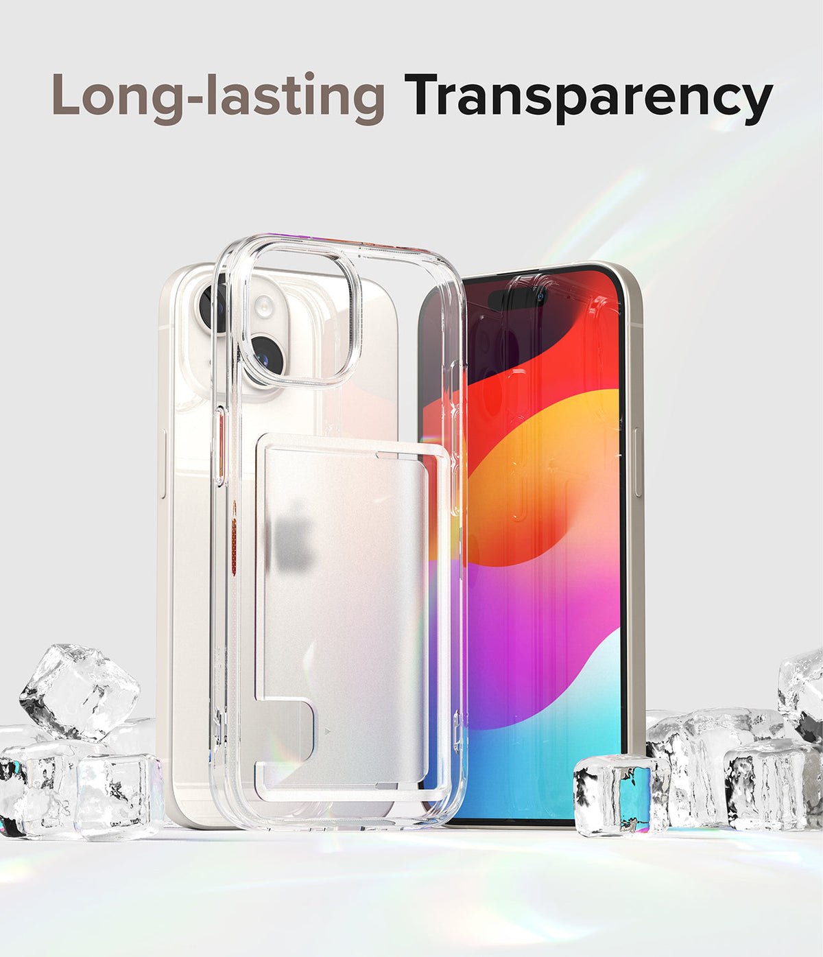 iPhone 15 Plus Case | Fusion Card - Clear phone case with card slot standing next to an iPhone 15 Plus amidst ice cubes.