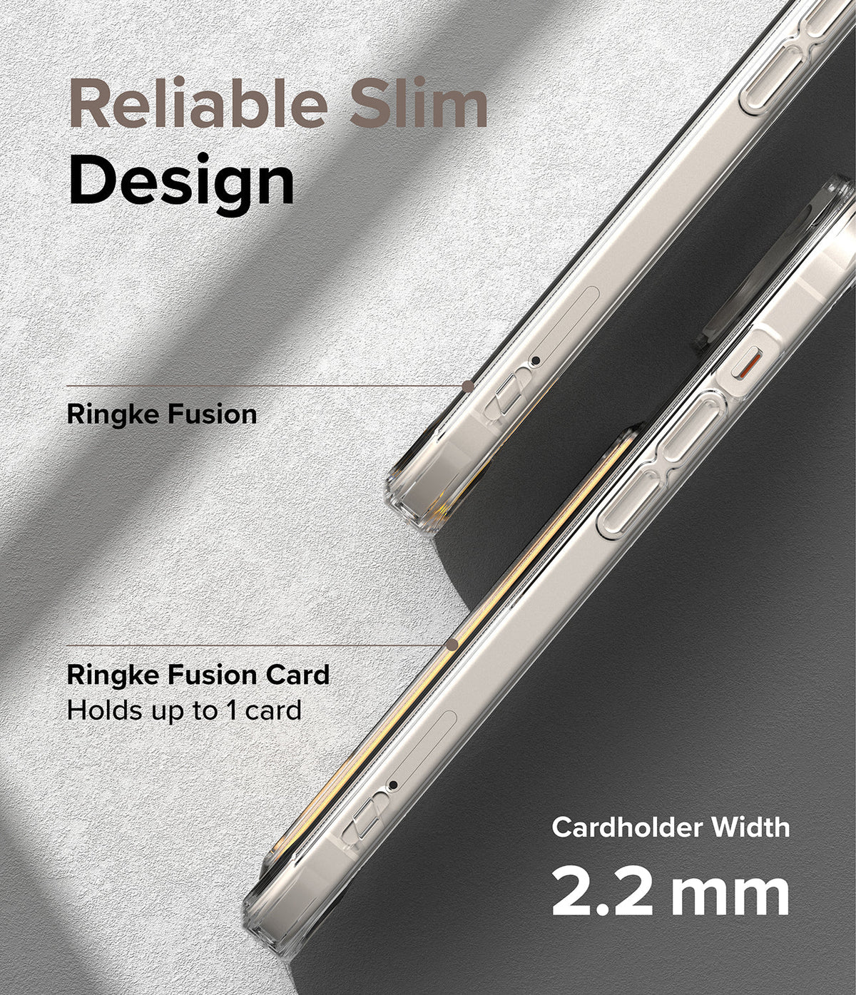 iPhone 15 Plus Case | Fusion Card - Comparison of Ringke Fusion and Fusion Card cases highlighting 2.2mm cardholder width.