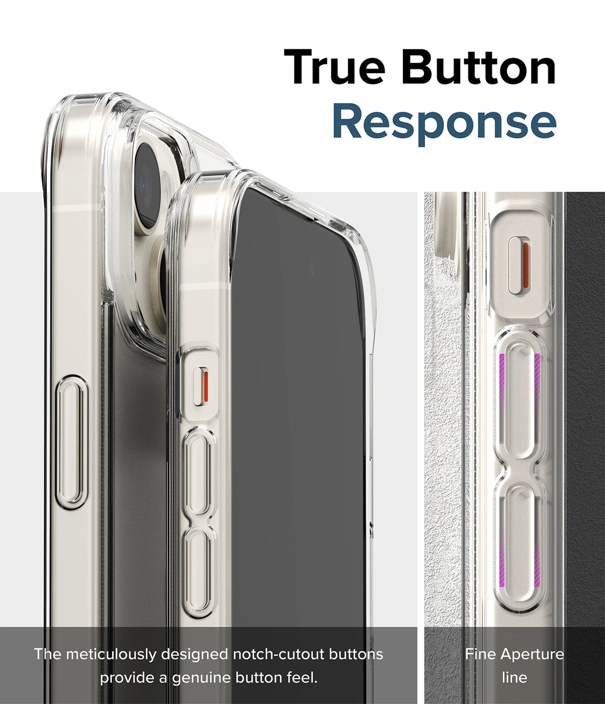 iPhone 15 Plus Case | Fusion - Close-up of clear phone case buttons with notch-cutouts for tactile response and aperture lines.