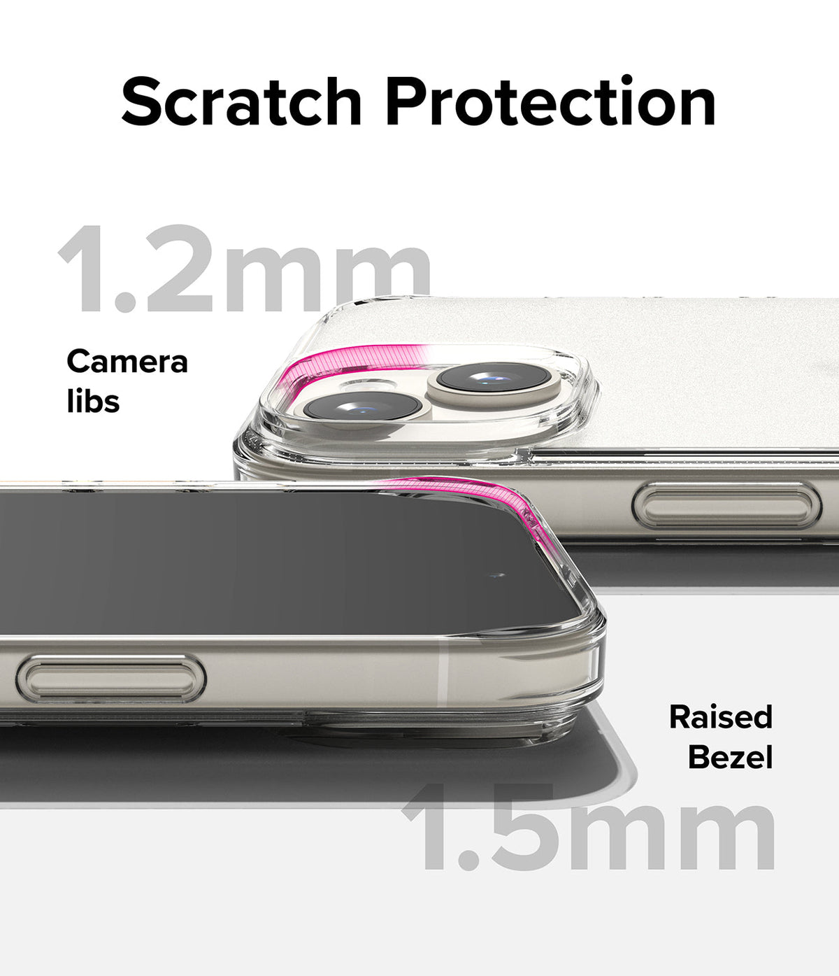 iPhone 15 Plus Case | Fusion - Clear phone case showing 1.2mm camera lip and 1.5mm raised screen bezel for scratch protection.