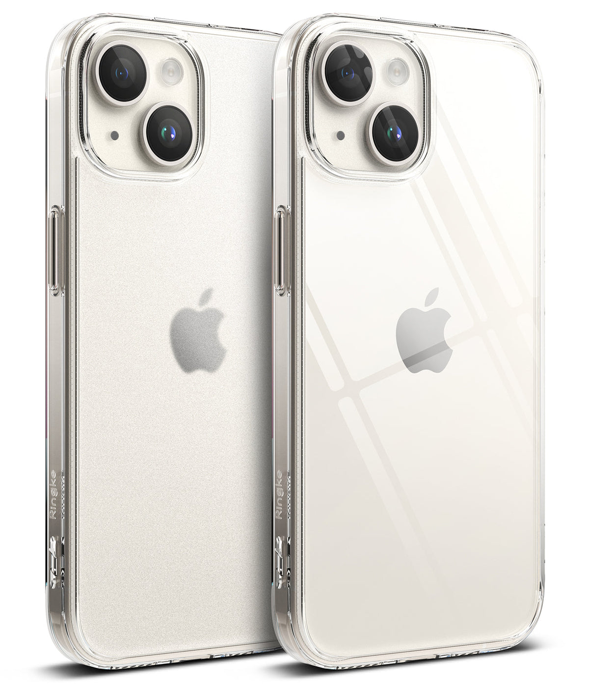 iPhone 15 Plus Case | Fusion - Two clear iPhone 15 Plus cases, one matte and one glossy, showing back camera and Apple logo.