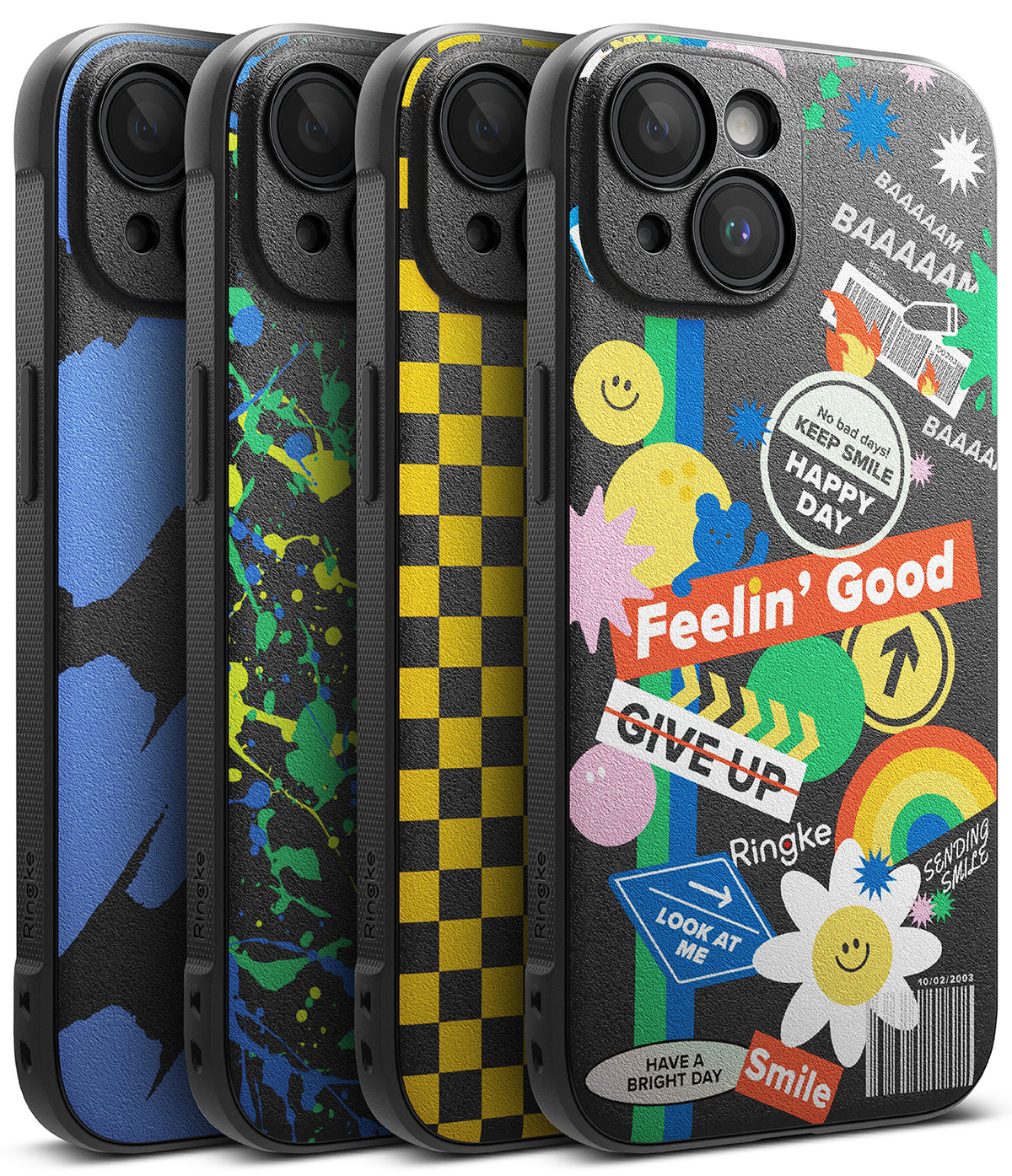 iPhone 15 Plus Case | Onyx Design - Four iPhone 15 Plus cases with distinct patterns: blue brushstrokes, paint splatters, yellow checkers, and stickers.