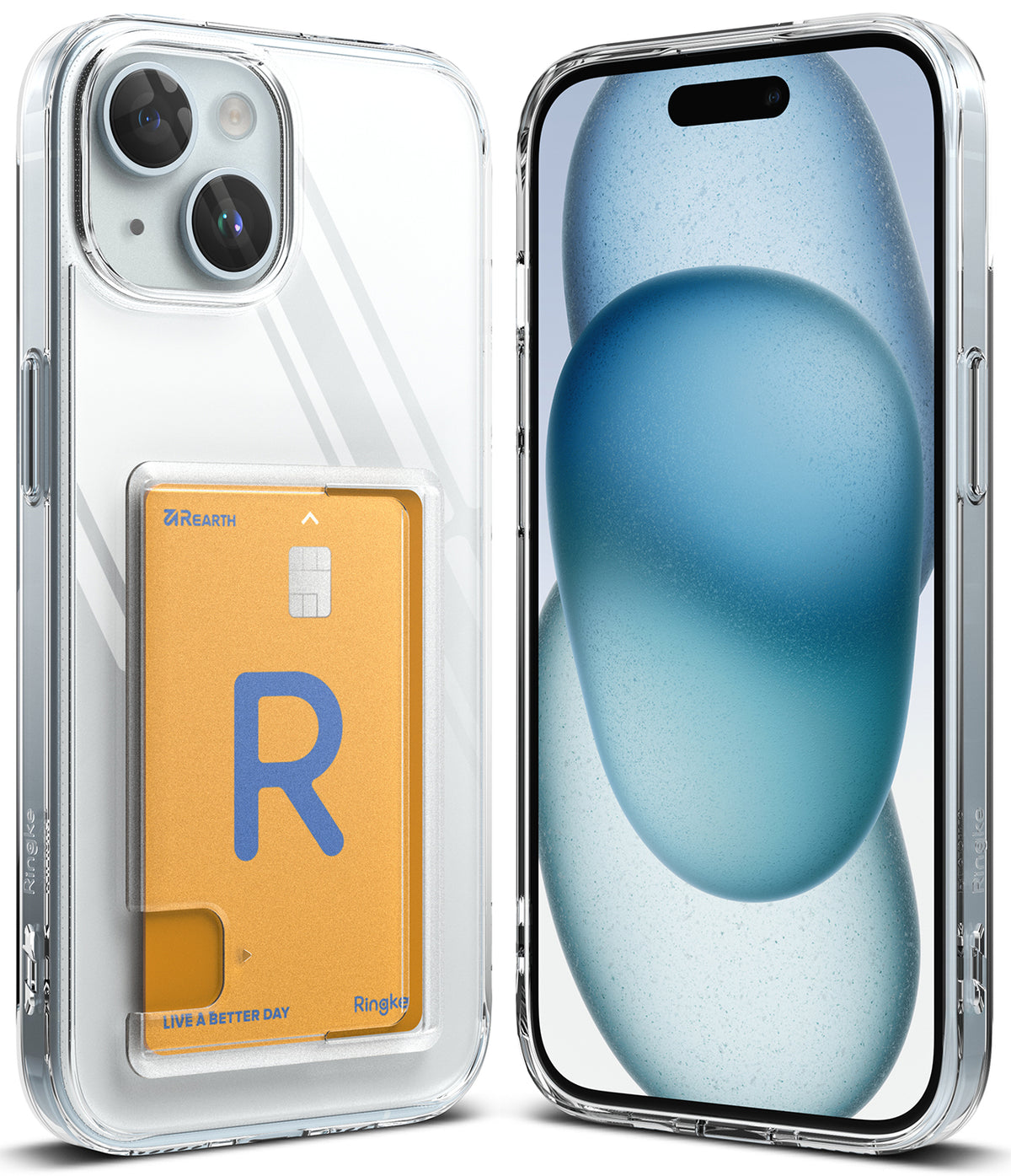 iPhone 15 Plus Case | Fusion Card - Clear phone case with a built-in card holder slot containing a gold credit card.
