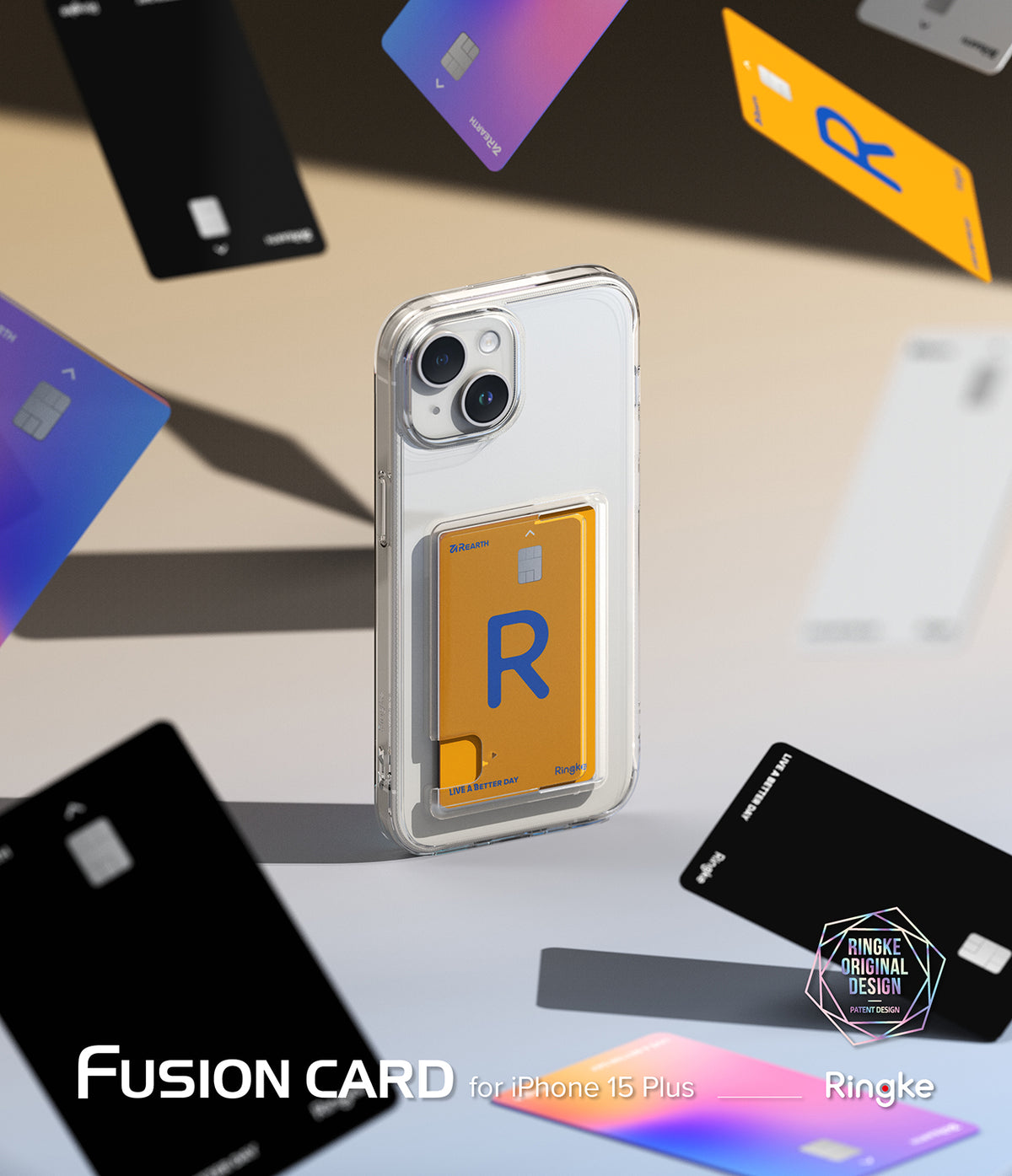 iPhone 15 Plus Case | Fusion Card - Clear phone case with a yellow card holder, surrounded by floating credit cards.