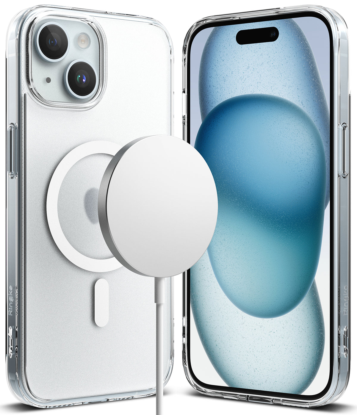 iPhone 15 Plus Case | Fusion Magnetic Matte - Clear matte phone case with magnetic charger attached to the back.