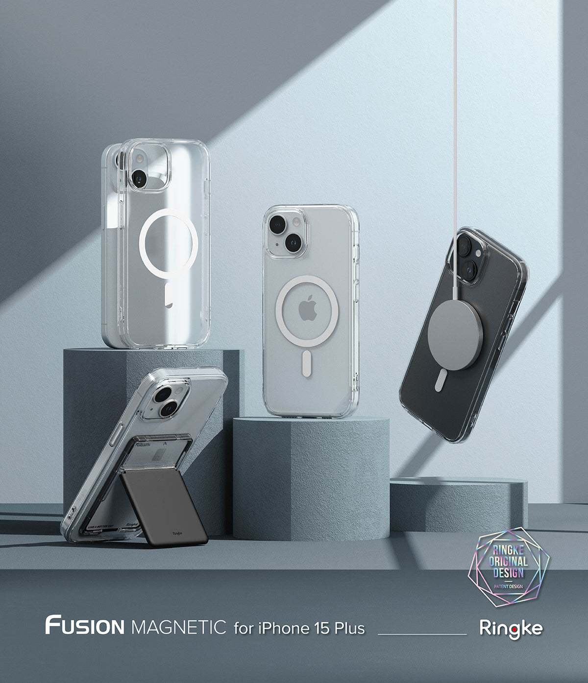 iPhone 15 Plus Case | Fusion Magnetic Matte - Three clear iPhone 15 Plus cases with magnetic rings displayed on pedestals.