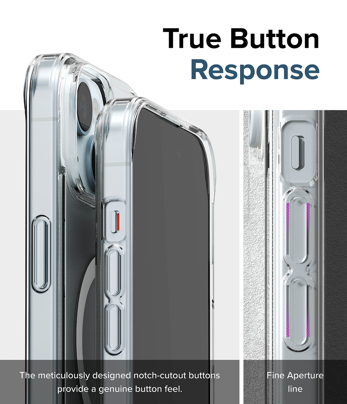 iPhone 15 Plus Case | Fusion Magnetic Matte - Clear phone case showing detailed notch-cutout buttons for tactile response.