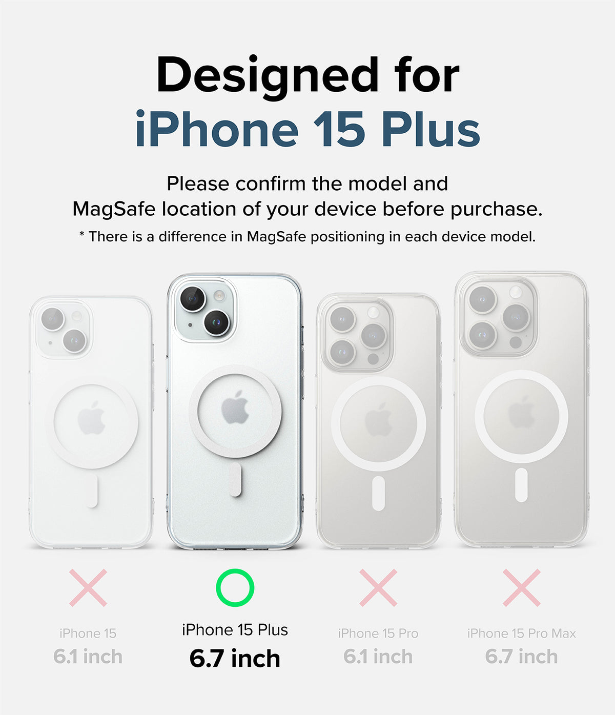 iPhone 15 Plus Case | Fusion Magnetic Matte - Comparison chart showing MagSafe alignment for iPhone 15 series models.