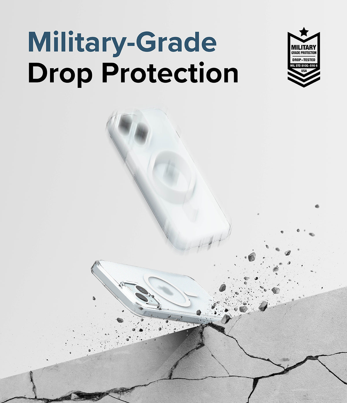 iPhone 15 Plus Case | Fusion Magnetic Matte - Two iPhone cases bouncing off a concrete surface with debris flying.