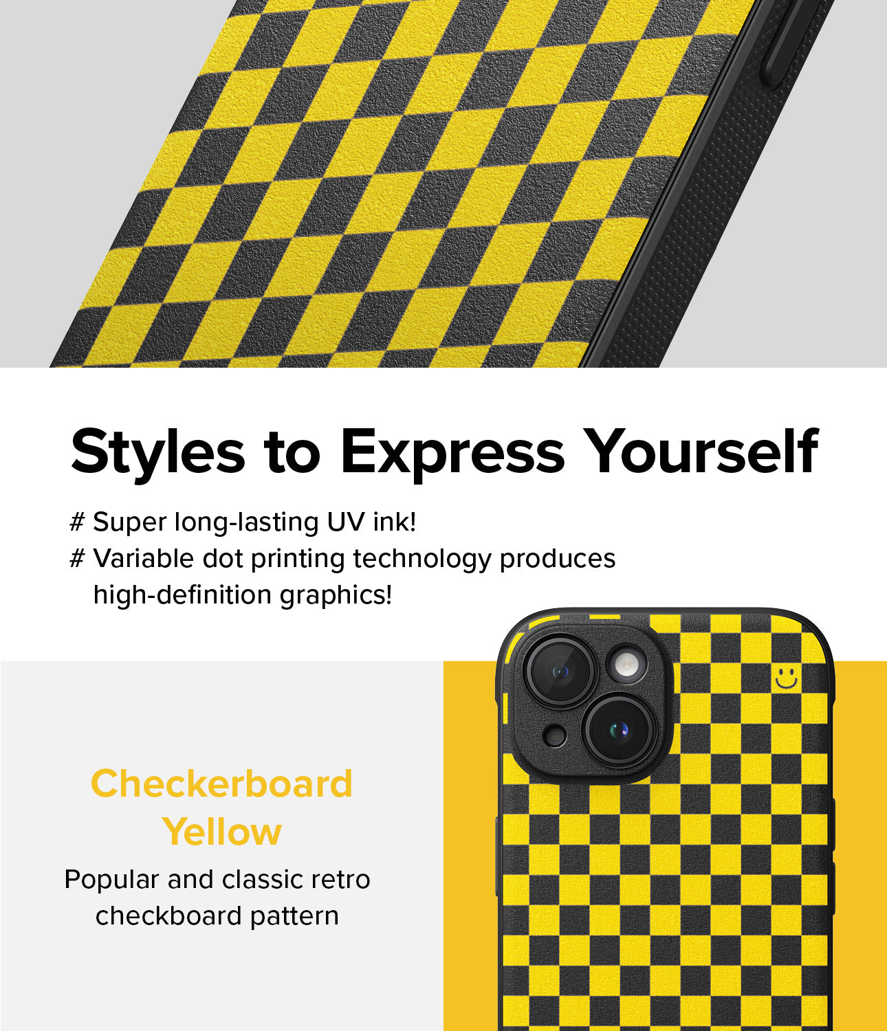iPhone 15 Plus Case | Onyx Design - Yellow and black checkerboard pattern phone case with high-definition UV print.