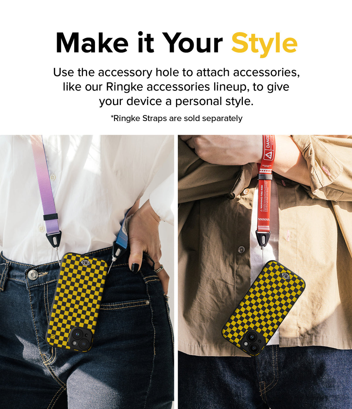 iPhone 15 Plus Case | Onyx Design - Two people wearing checkered phone cases attached to colorful neck straps.