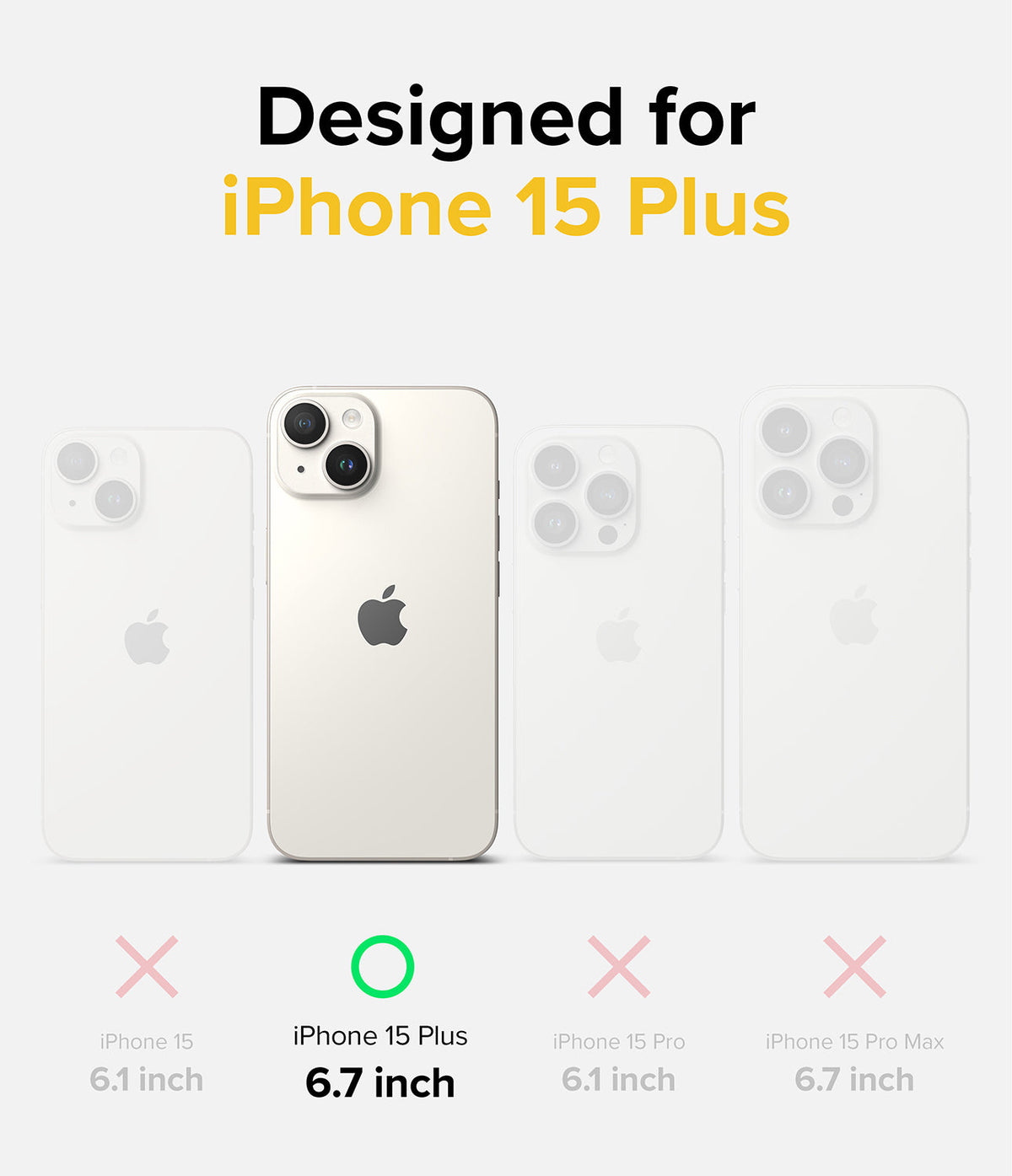iPhone 15 Plus Case | Onyx Design - Comparison chart highlighting iPhone 15 Plus compatibility with a green checkmark.