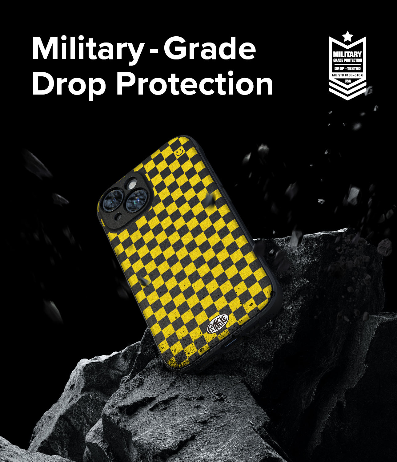 iPhone 15 Plus Case | Onyx Design - Yellow and black checkered phone case resting on a rock with debris and military-grade protection text.