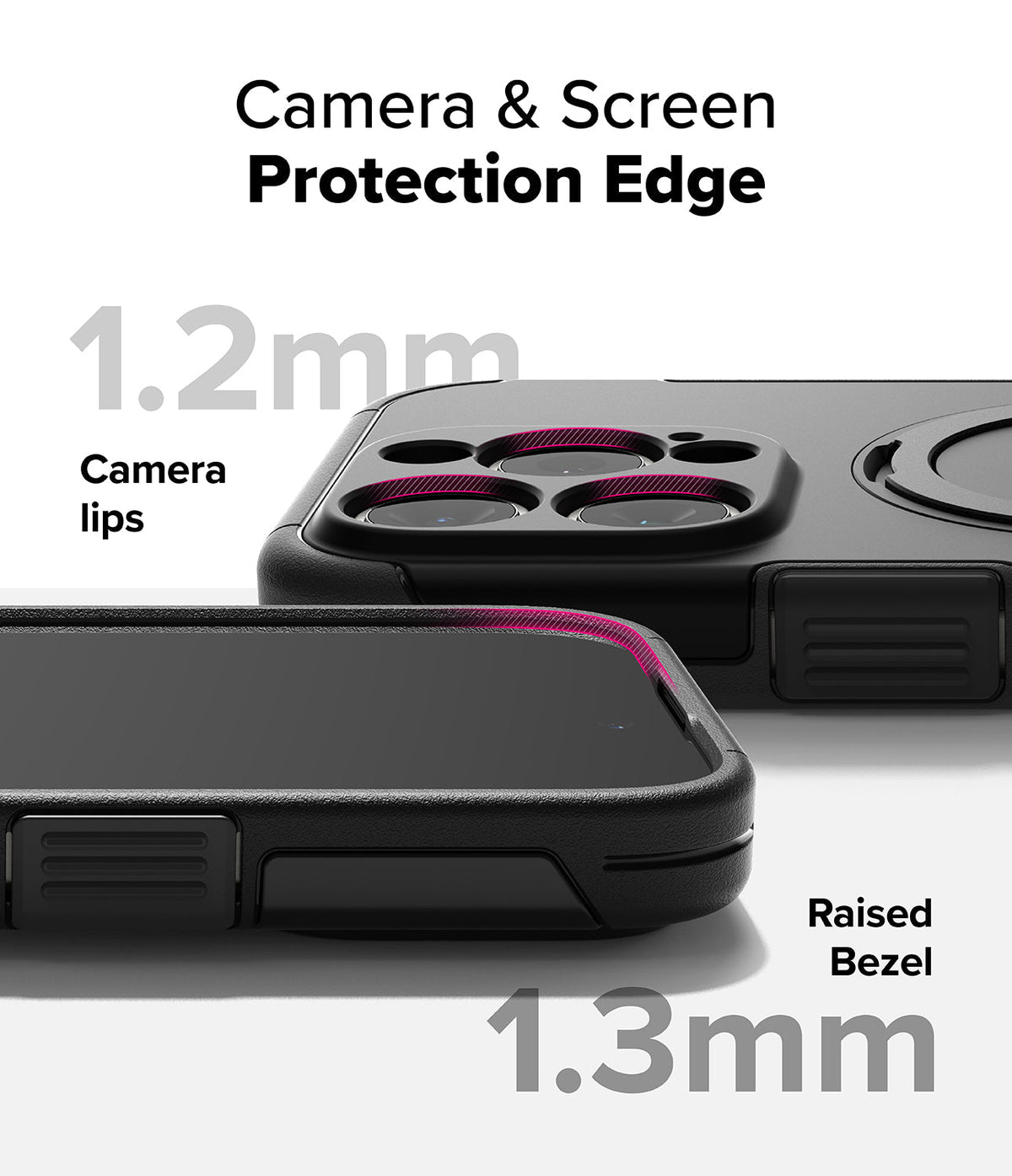 iPhone 16 Pro Max Case | Alles - Close-up of phone case showing 1.2mm camera lips and 1.3mm raised screen bezel protection.