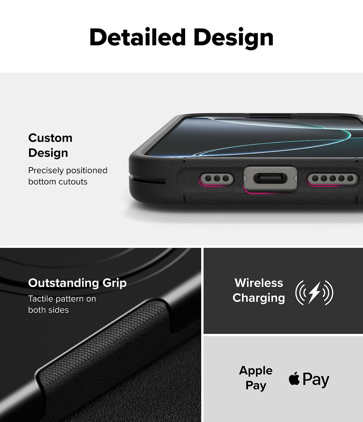iPhone 16 Pro Max Case | Alles - Close-up of phone case bottom cutouts, textured side grip, and wireless charging icons.