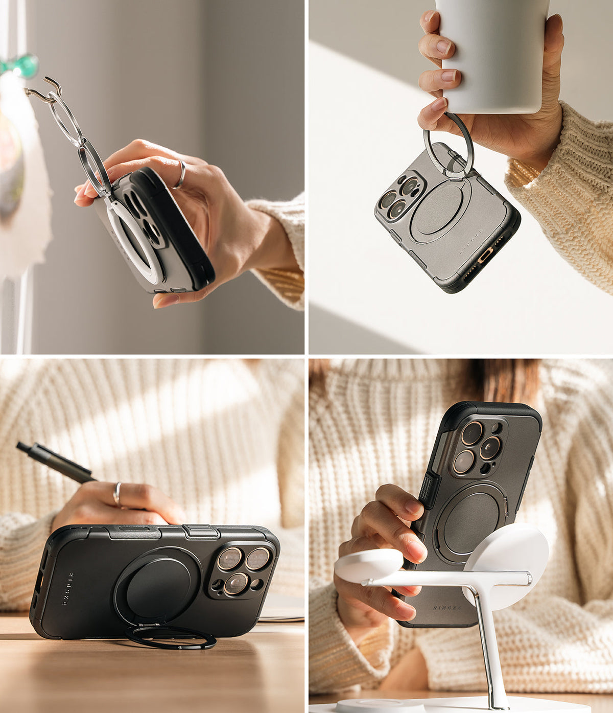 iPhone 16 Pro Max Case | Alles - Four views of a black phone case with an integrated ring stand and MagSafe charging.