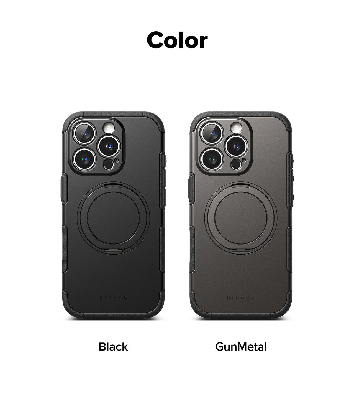 iPhone 16 Pro Max Case | Alles - Two iPhone 16 Pro Max cases in Black and Gunmetal colors with MagSafe rings on the back.