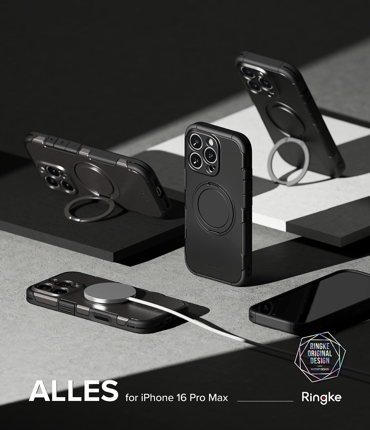 iPhone 16 Pro Max Case | Alles - Four black iPhone 16 Pro Max cases with integrated ring stands and MagSafe charging.