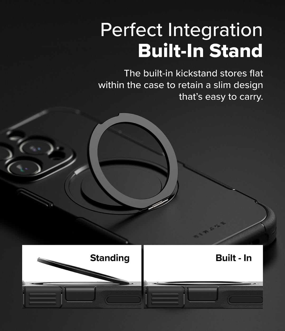 iPhone 16 Pro Max Case | Alles - Black phone case with a circular kickstand that folds flat for a slim, integrated design.