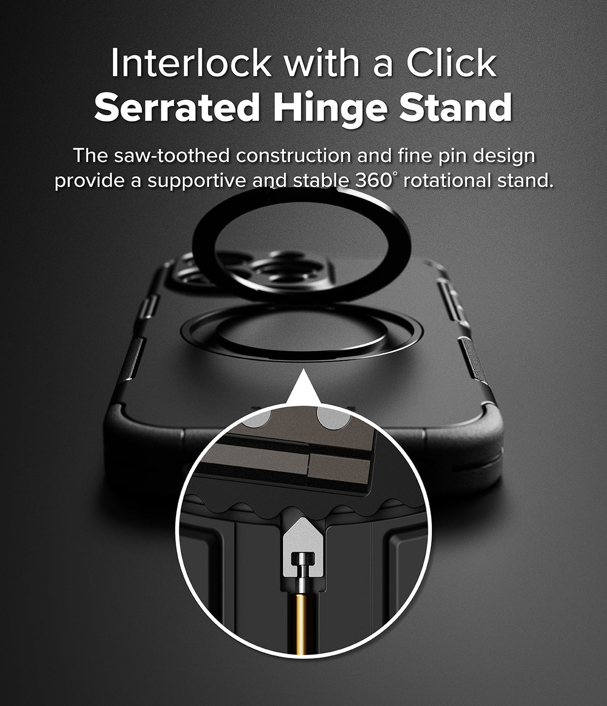 iPhone 16 Pro Max Case | Alles - Close-up of a serrated hinge stand on a black phone case with a 360-degree rotating ring.