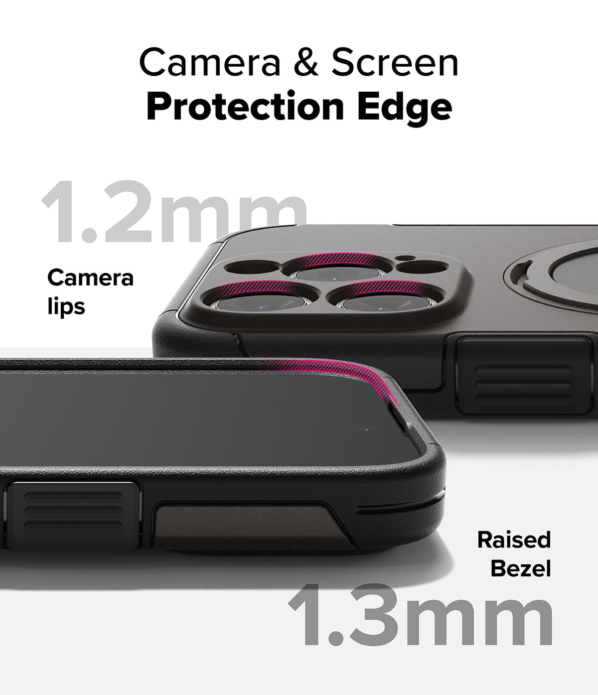 iPhone 16 Pro Max Case | Alles - Close-up of phone case showing 1.2mm camera lips and 1.3mm raised screen bezel protection.