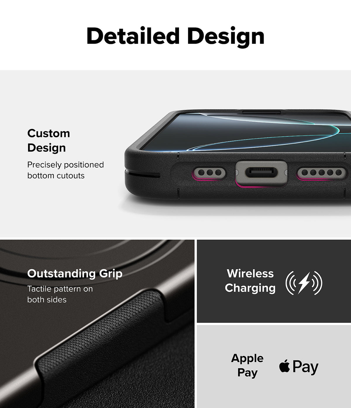 iPhone 16 Pro Max Case | Alles - Close-up of phone case bottom cutouts, textured side grip, and wireless charging icons.