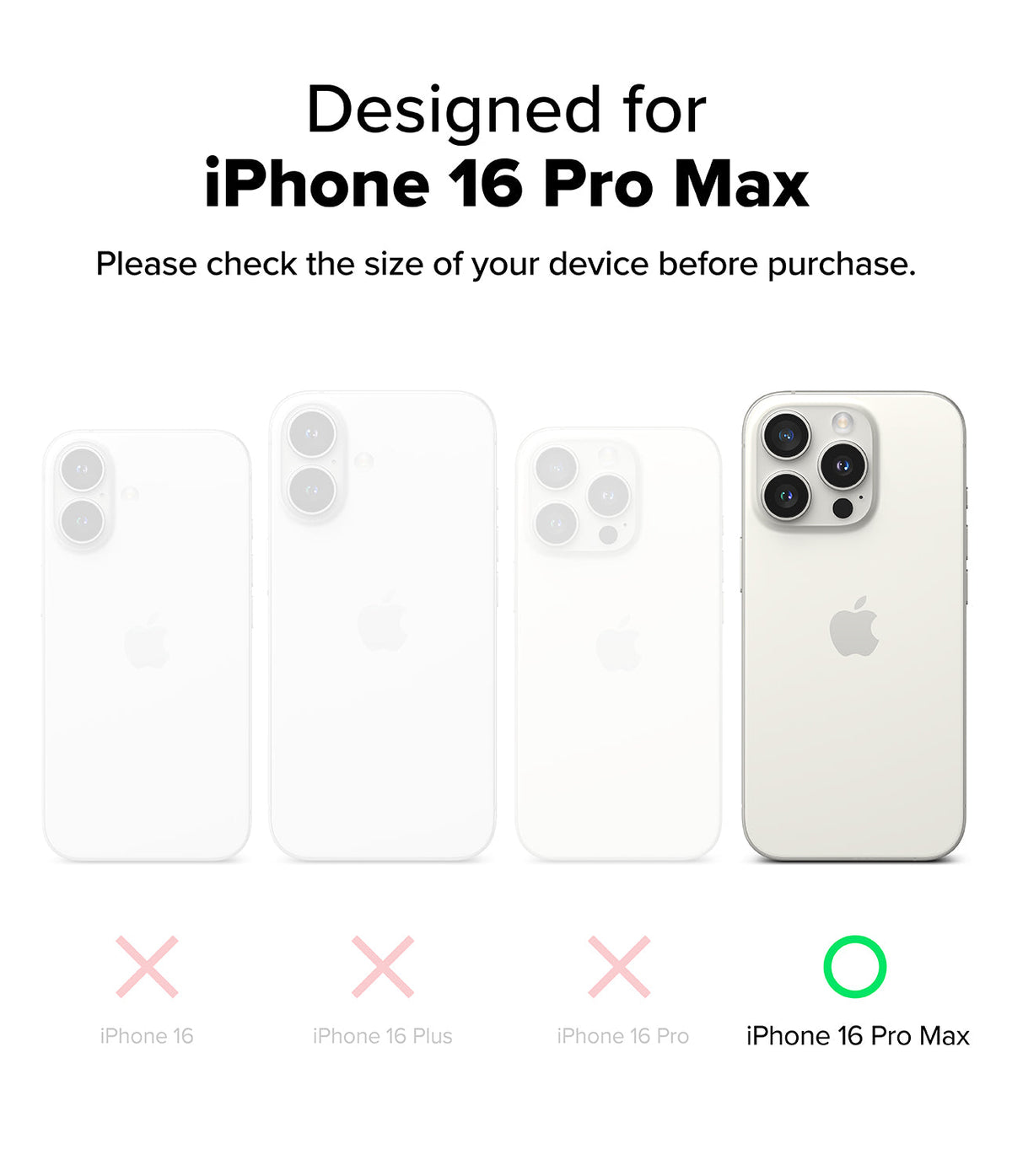 iPhone 16 Pro Max Case | Alles - Comparison chart showing iPhone 16 models, highlighting the Pro Max with a green checkmark.