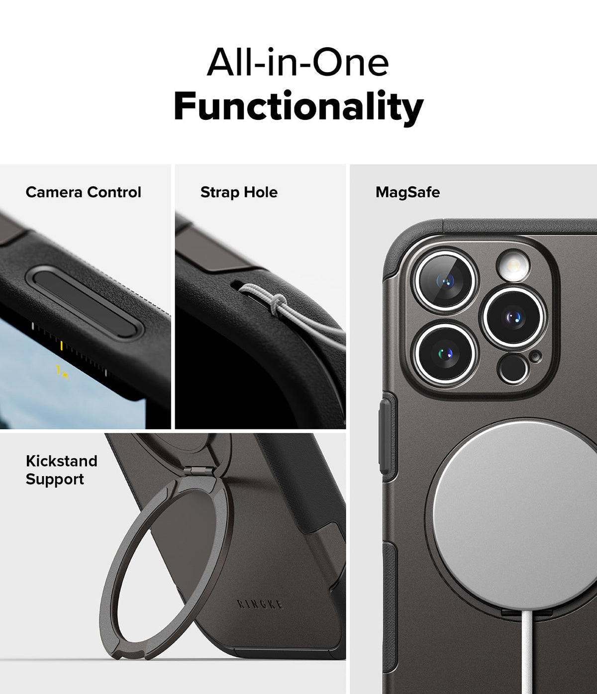 iPhone 16 Pro Max Case | Alles - Features showing camera control, strap hole, kickstand, and MagSafe charging compatibility.