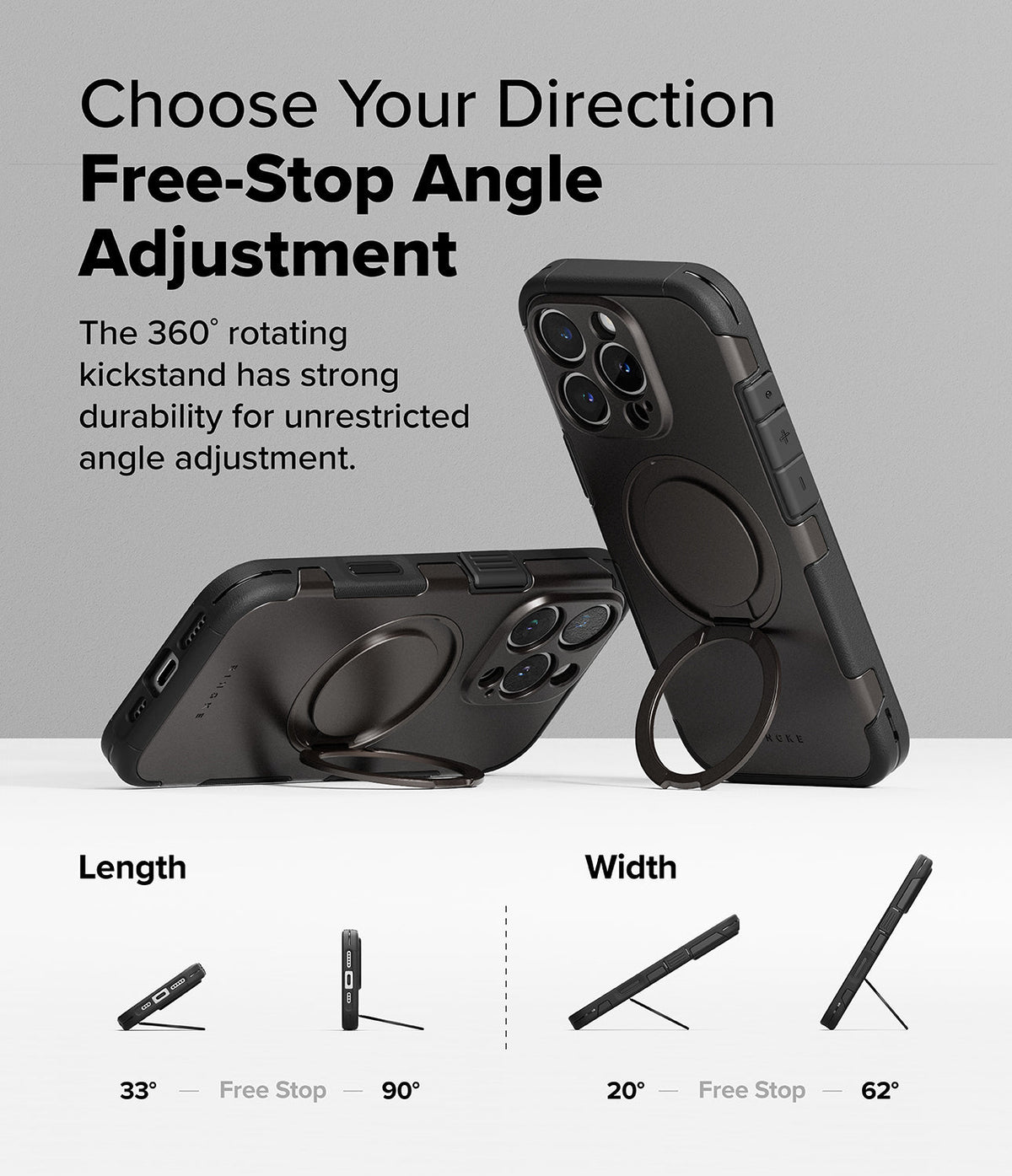 iPhone 16 Pro Max Case | Alles - Black phone case with a 360-degree rotating kickstand shown at various viewing angles.