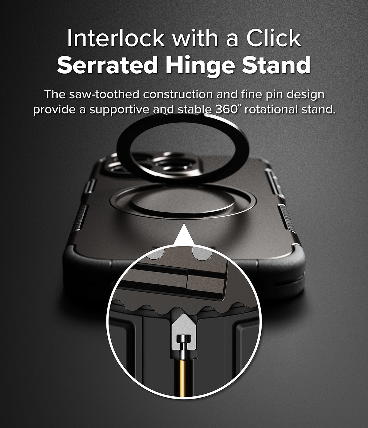 iPhone 16 Pro Max Case | Alles - Close-up of a serrated hinge stand on a phone case with a magnified view of the pin mechanism.