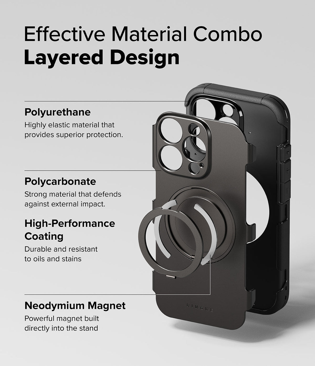 iPhone 16 Pro Max Case | Alles - Exploded view of a phone case showing layered materials, magnet, and protective coating.