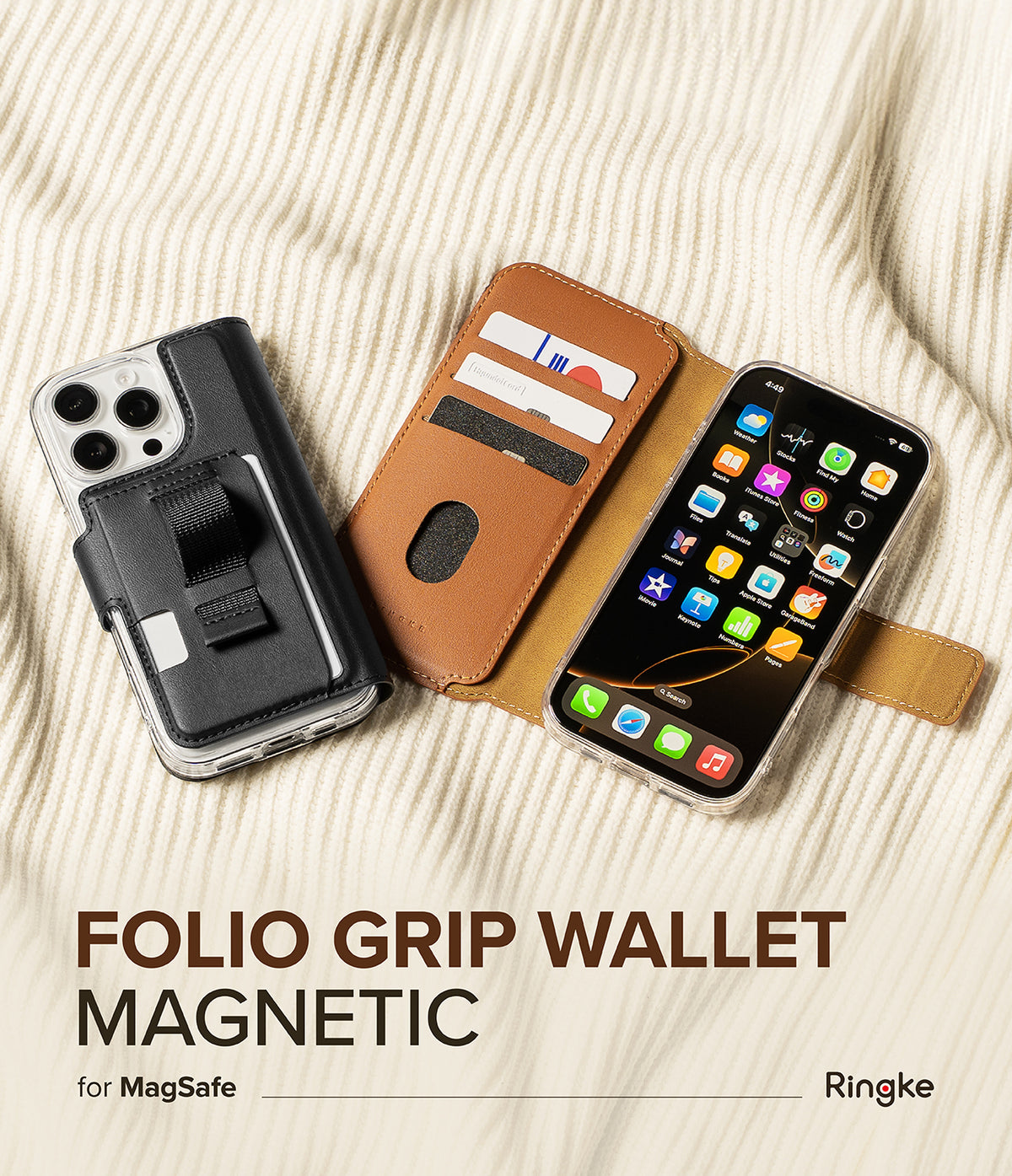 iPhone 16 Pro Max / 16 Plus Cover | Folio Grip Wallet Magnetic - iPhone 16 Pro Max / 16 Plus Cover - Black magnetic phone case with finger strap and tan folio wallet with card slots.