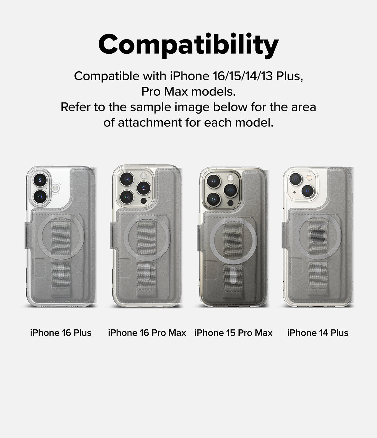 iPhone 16 Pro Max / 16 Plus Cover | Folio Grip Wallet Magnetic - iPhone 16 Pro Max / 16 Plus Cover - Compatibility chart showing four iPhone models with magnetic folio grip wallets attached.