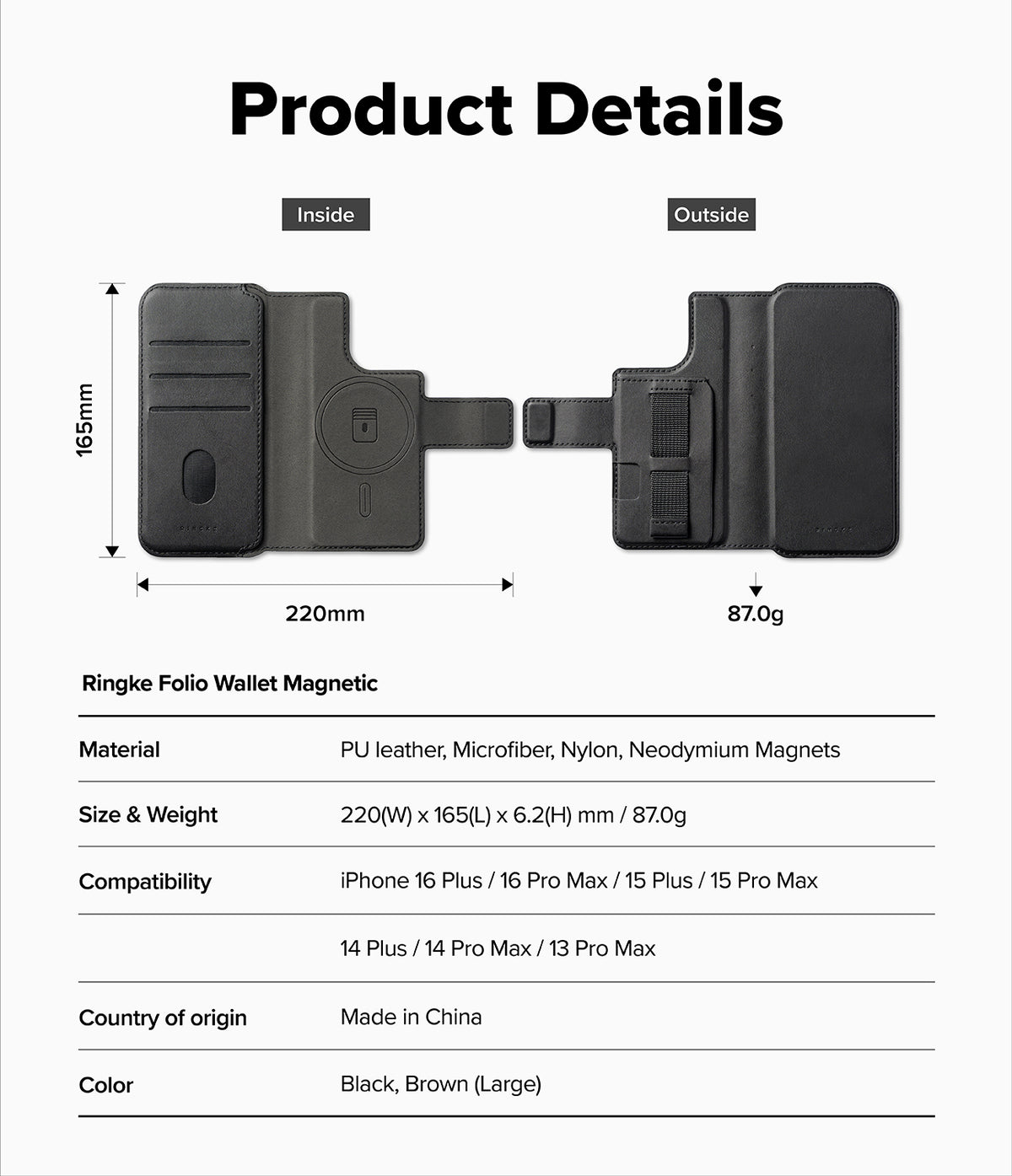 iPhone 16 Pro Max / 16 Plus Cover | Folio Grip Wallet Magnetic - iPhone 16 Pro Max / 16 Plus Cover - Technical diagram showing dimensions, weight, and features of a black magnetic wallet.