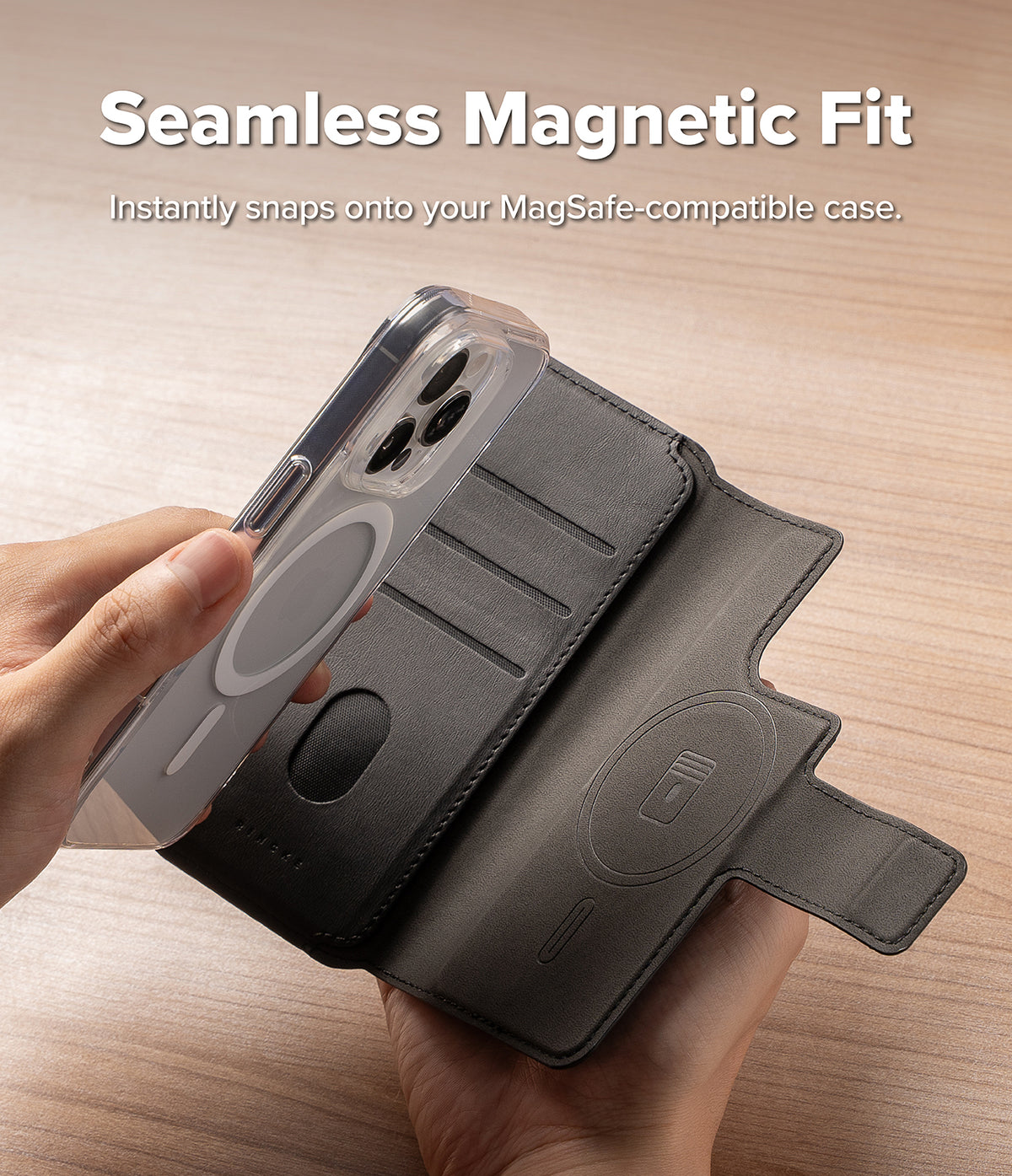 iPhone 16 Pro Max / 16 Plus Cover | Folio Grip Wallet Magnetic - iPhone 16 Pro Max / 16 Plus Cover - Hand holding a clear MagSafe phone case above a black magnetic folio wallet.