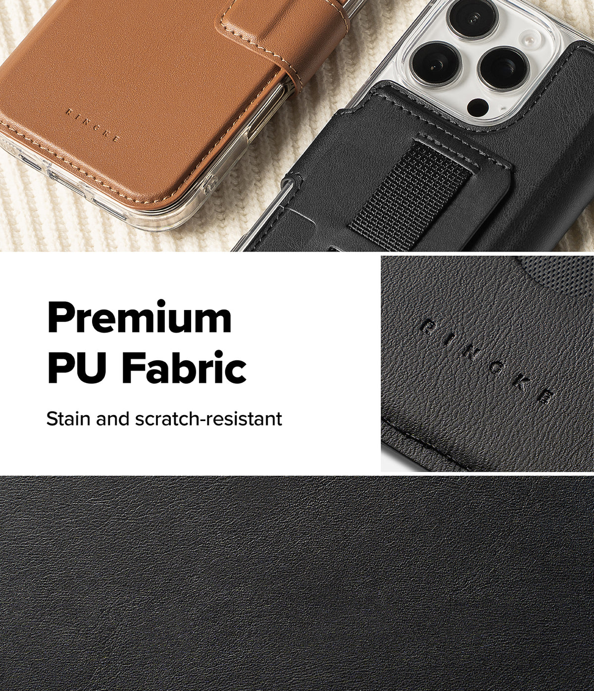 iPhone 16 Pro Max / 16 Plus Cover | Folio Grip Wallet Magnetic - iPhone 16 Pro Max / 16 Plus Cover - Brown and black magnetic phone cases with textured PU fabric and grip strap.