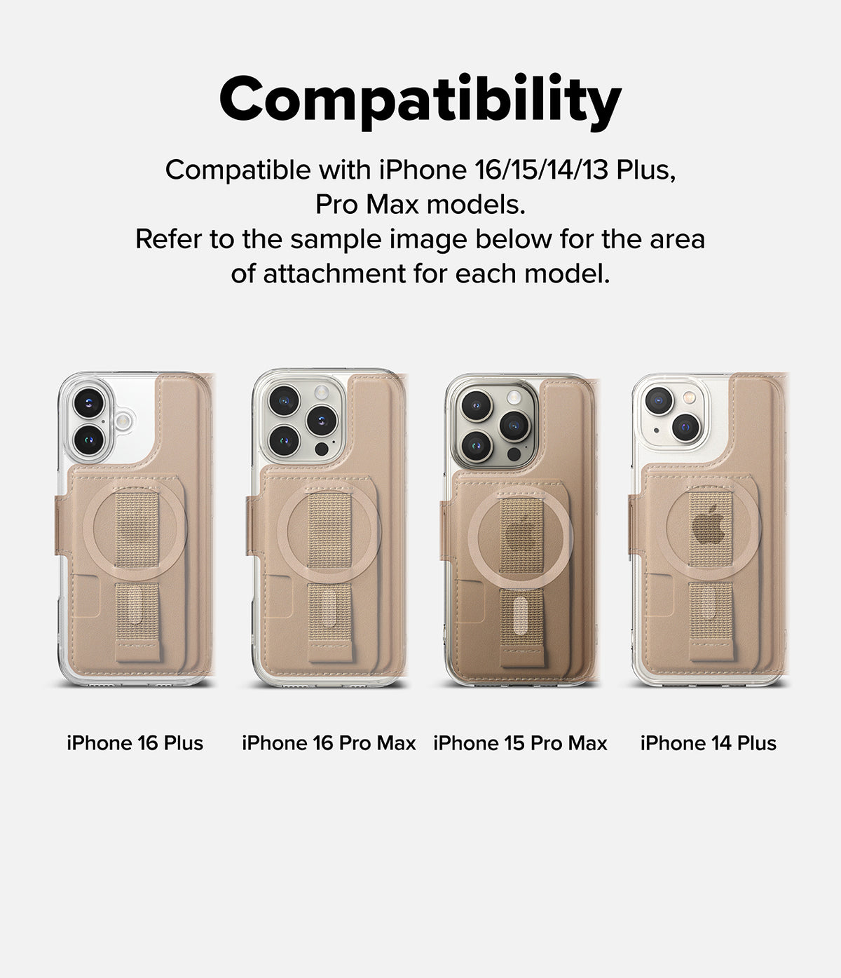 iPhone 16 Pro Max / 16 Plus Cover | Folio Grip Wallet Magnetic - iPhone 16 Pro Max / 16 Plus Cover - Compatibility chart showing four iPhone models with magnetic folio grip cases attached.