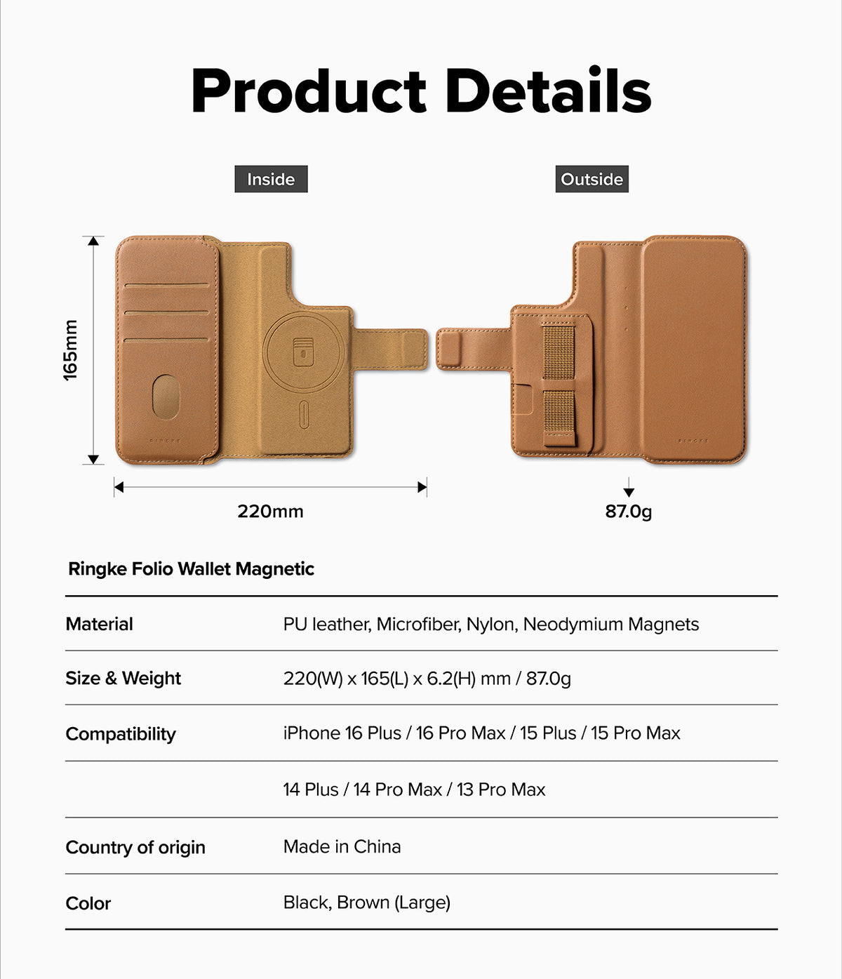 iPhone 16 Pro Max / 16 Plus Cover | Folio Grip Wallet Magnetic - Technical diagram showing dimensions and features of a brown magnetic folio phone wallet.