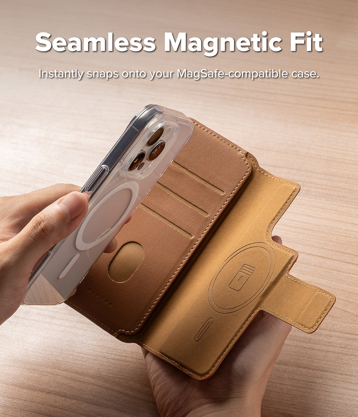 iPhone 16 Pro Max / 16 Plus Cover | Folio Grip Wallet Magnetic - iPhone 16 Pro Max / 16 Plus Cover - Hand holding a clear MagSafe phone case above a tan leather magnetic folio wallet.