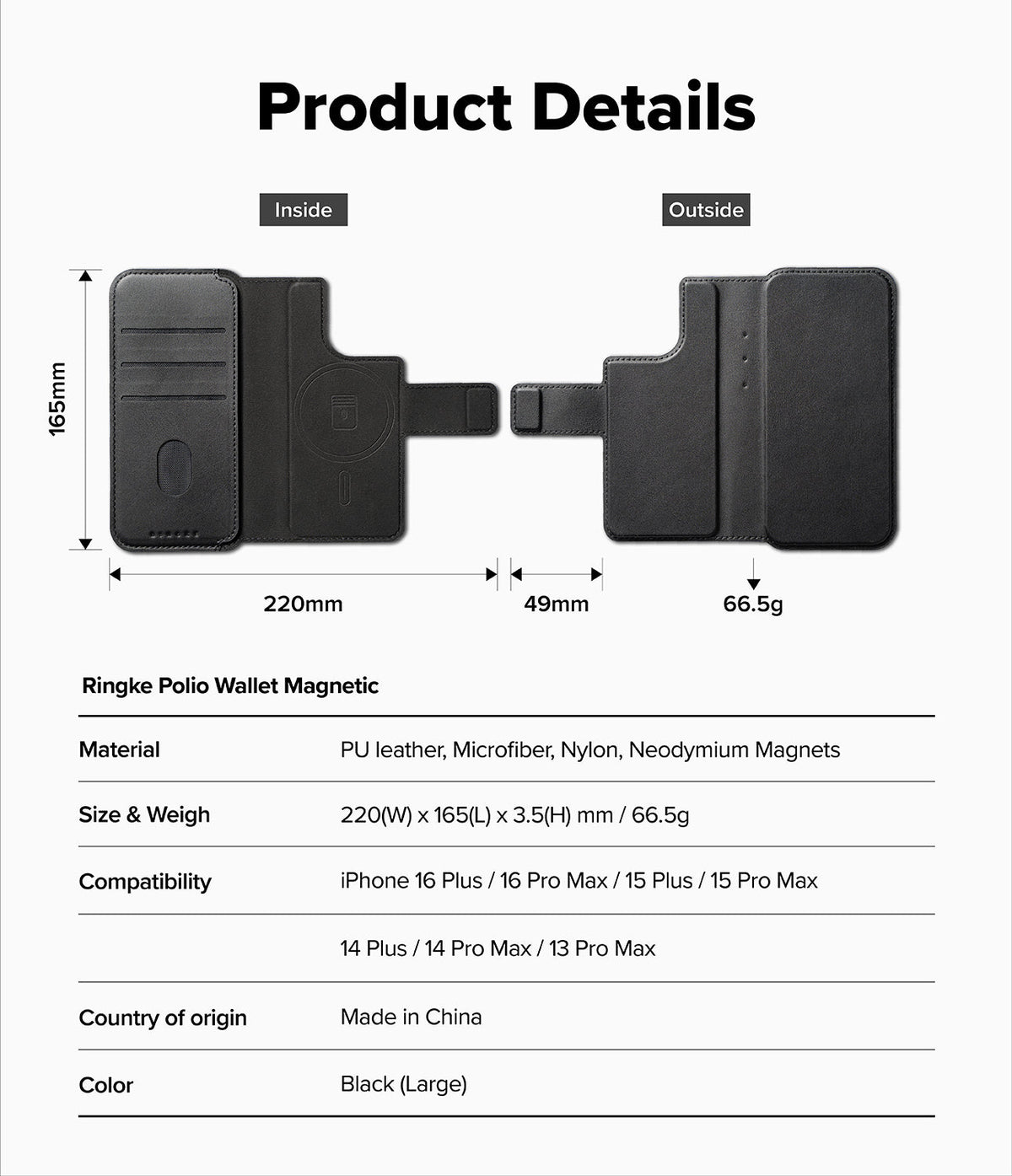 iPhone Pro Max & Plus MagSafe Cover | Folio Wallet Magnetic - Technical diagram showing dimensions and features of black case.