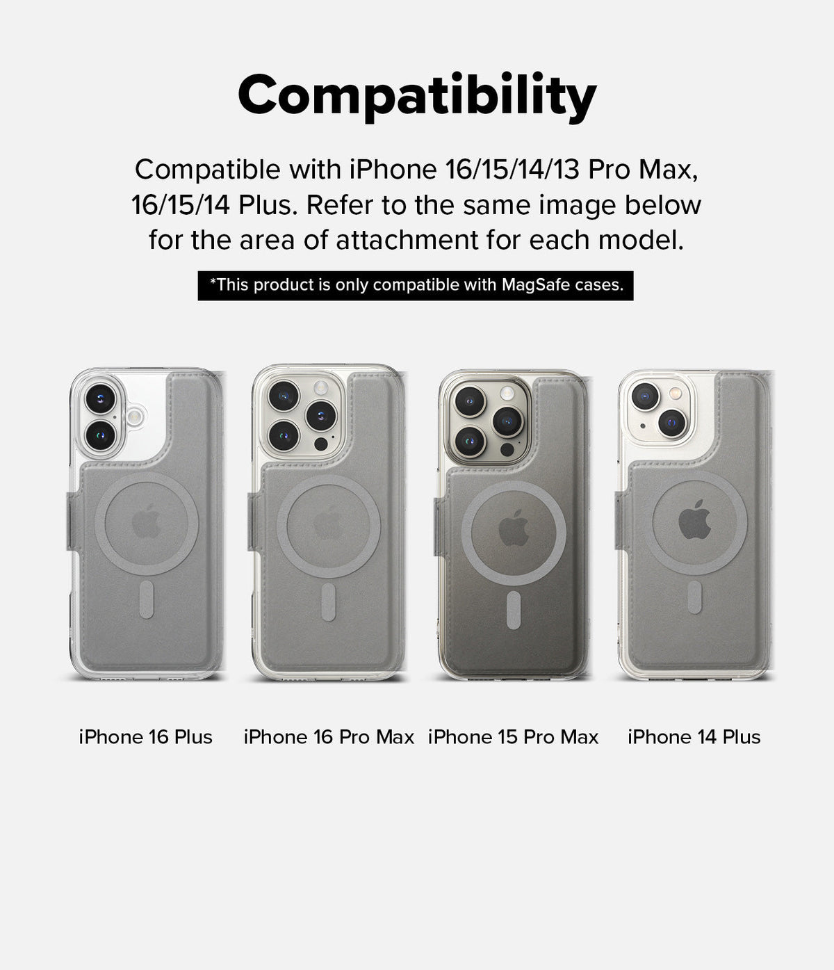 iPhone Pro Max & Plus MagSafe Cover | Folio Wallet Magnetic - Four iPhones with MagSafe wallet attachments shown.