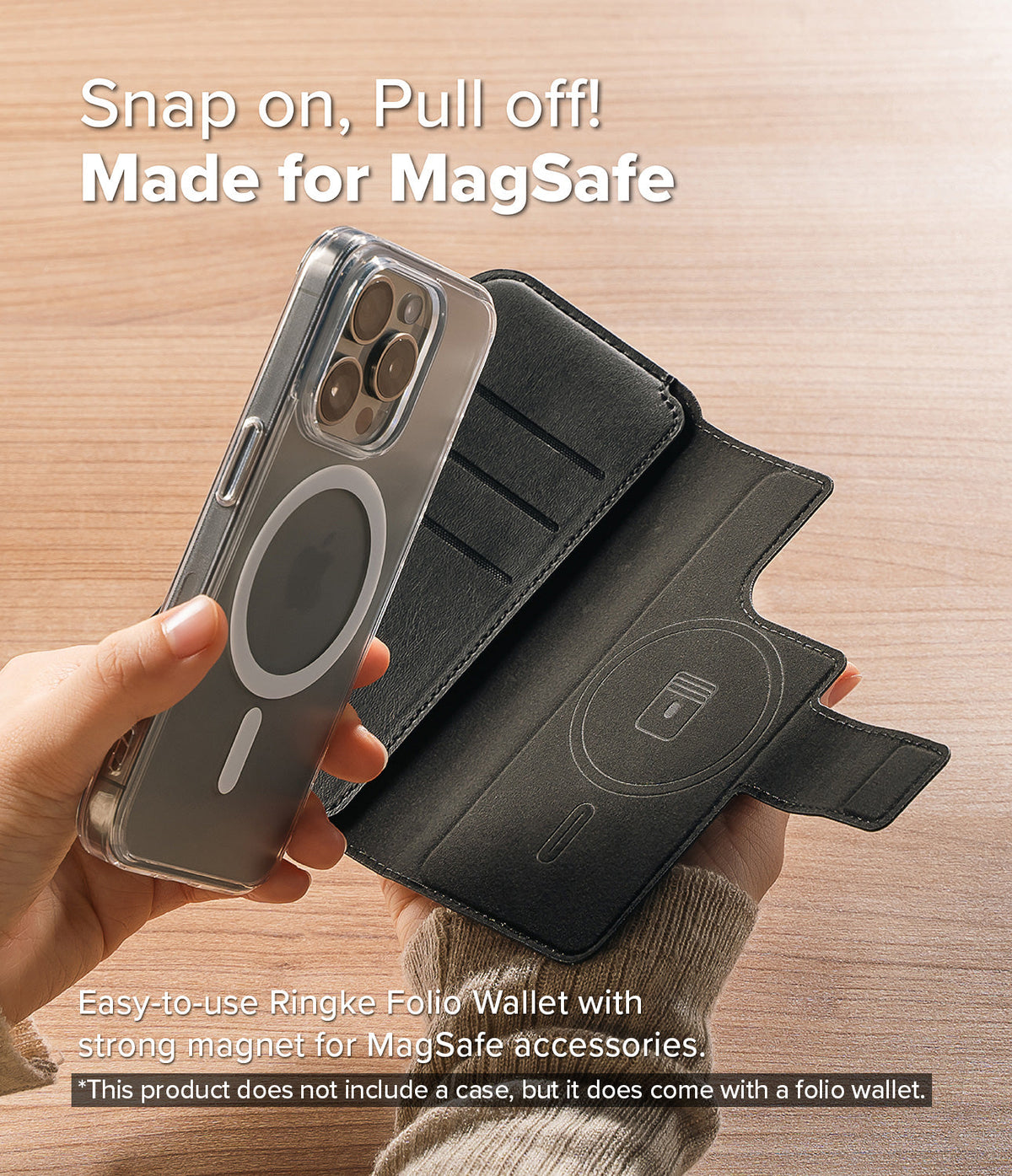 iPhone Pro Max & Plus MagSafe Cover | Folio Wallet Magnetic - Hands holding a clear MagSafe iPhone case near a black magnetic folio wallet.