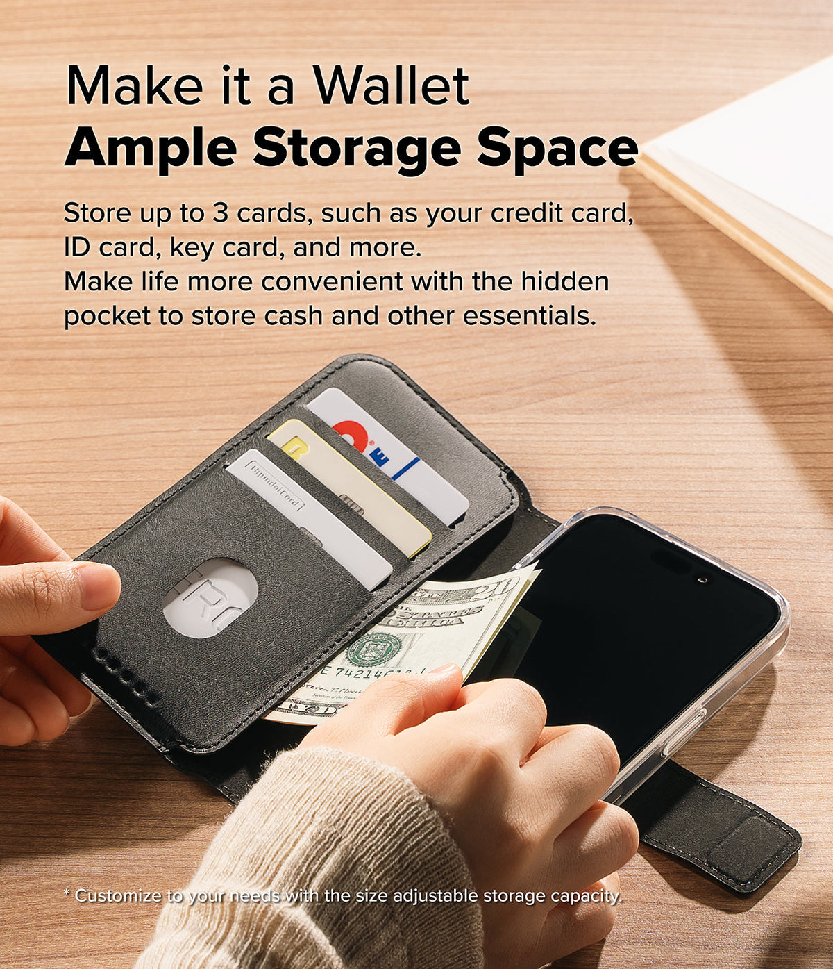 iPhone Pro Max & Plus MagSafe Cover | Folio Wallet Magnetic - Black folio case holding three cards and cash.