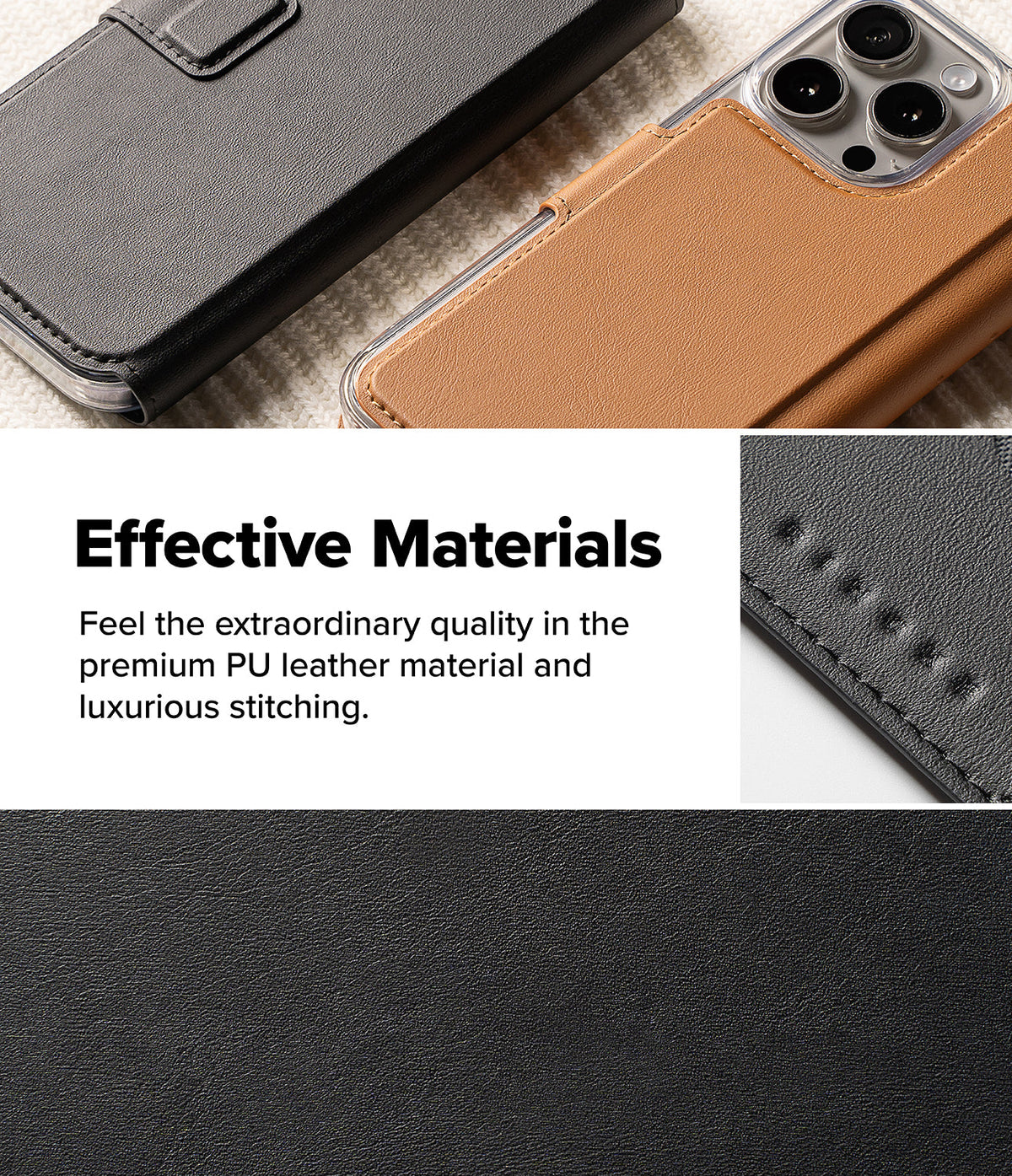 iPhone Pro Max & Plus MagSafe Cover | Folio Wallet Magnetic - Black and tan leather folio cases with detailed stitching.