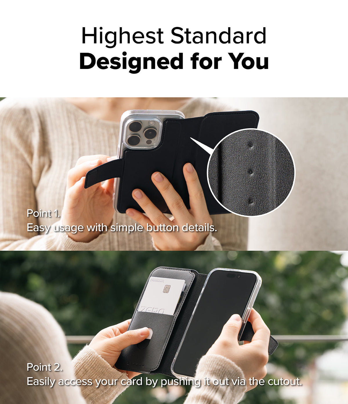iPhone Pro Max & Plus MagSafe Cover | Folio Wallet Magnetic - Black folio case showing button details and card slot.