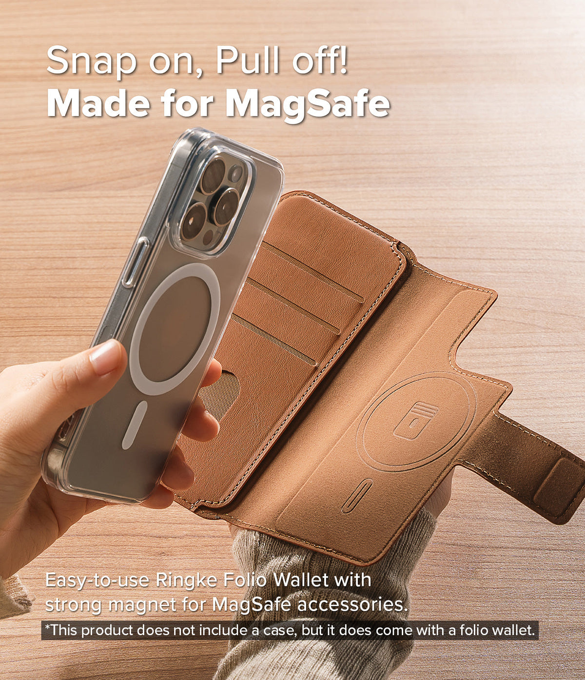 iPhone Pro Max & Plus MagSafe Cover | Folio Wallet Magnetic - Hand holding a clear MagSafe iPhone case near a brown leather magnetic folio wallet.
