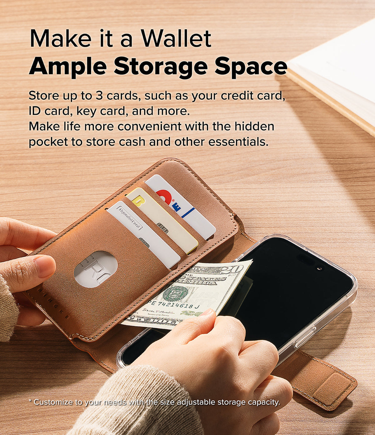 iPhone Pro Max & Plus MagSafe Cover | Folio Wallet Magnetic - iPhone Pro Max & Plus MagSafe Cover - Tan leather folio wallet case holding three cards and cash next to an iPhone.